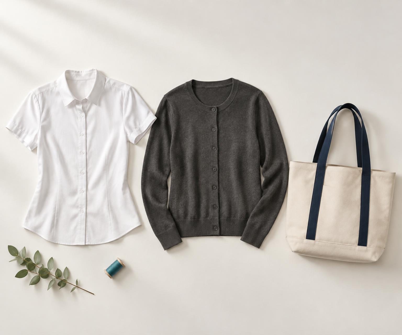 A white shirt, charcoal cardigan and canvas tote arranged as a GECU staff apparel collection
